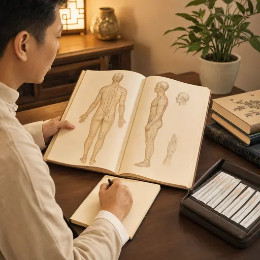 Acupunturista estudando meridianos e indicações de pontos em livro de Medicina Chinesa