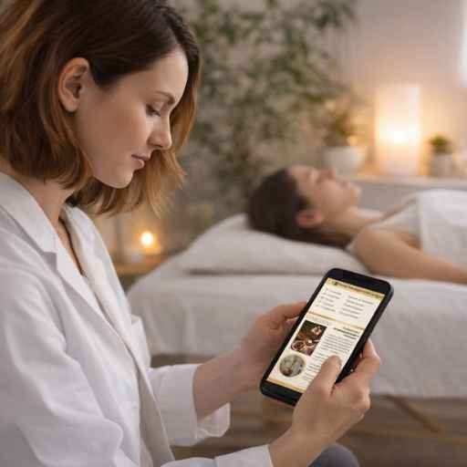 Acupunturista analisando pontos e recursos terapêuticos durante atendimento clínico