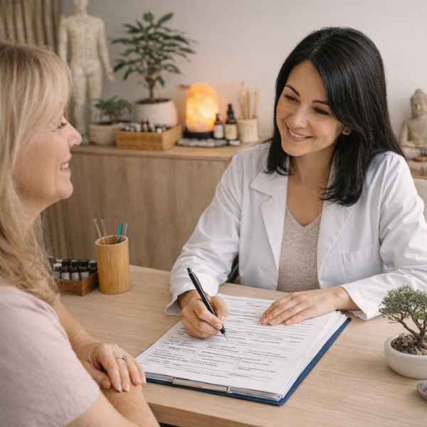 Terapeuta de Medicina Chinesa avaliando paciente durante consulta clínica