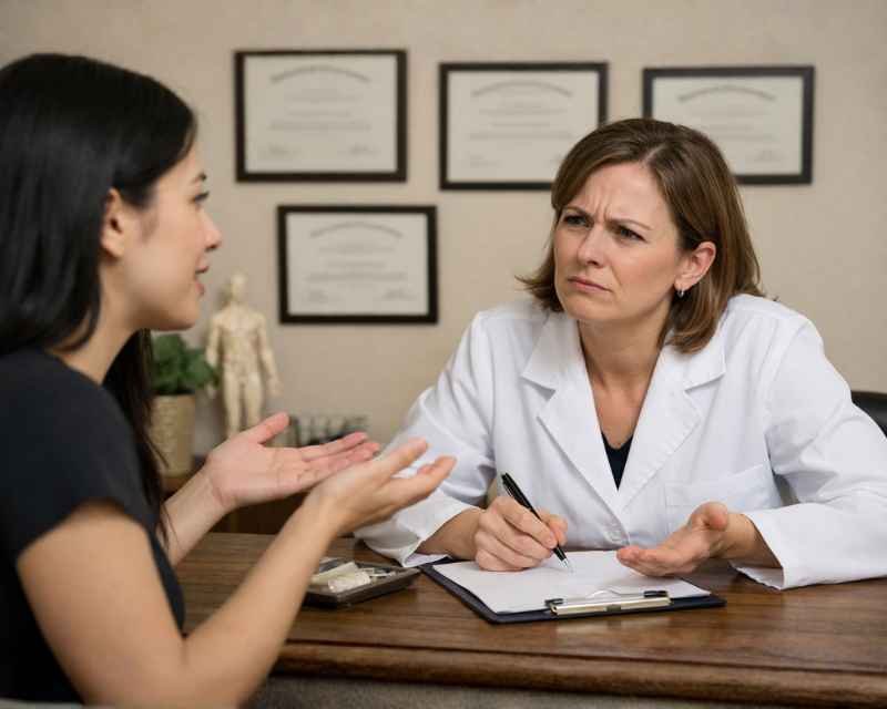 Terapeuta de Medicina Chinesa ouvindo paciente durante avaliação clínica